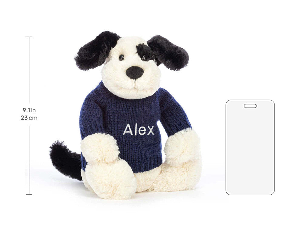 Bashful Black & Cream Puppy with Personalised Navy Jumper
