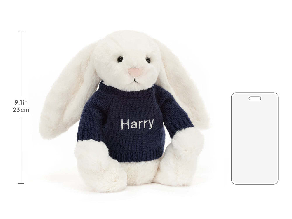 Bashful Cream Bunny with Personalised Navy Jumper