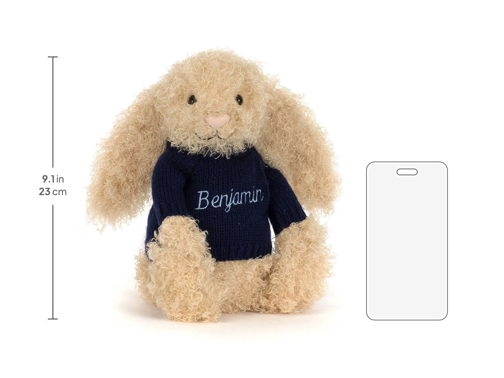 Bashful Luxe Bunny Curly with Personalised Navy Jumper