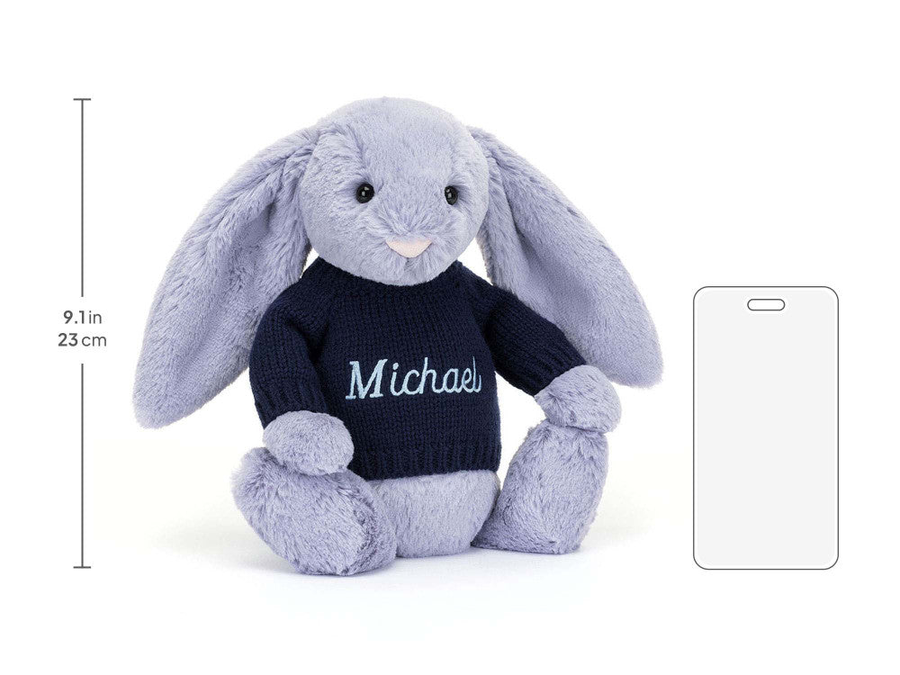 Bashful Viola Bunny with Personalised Navy Jumper