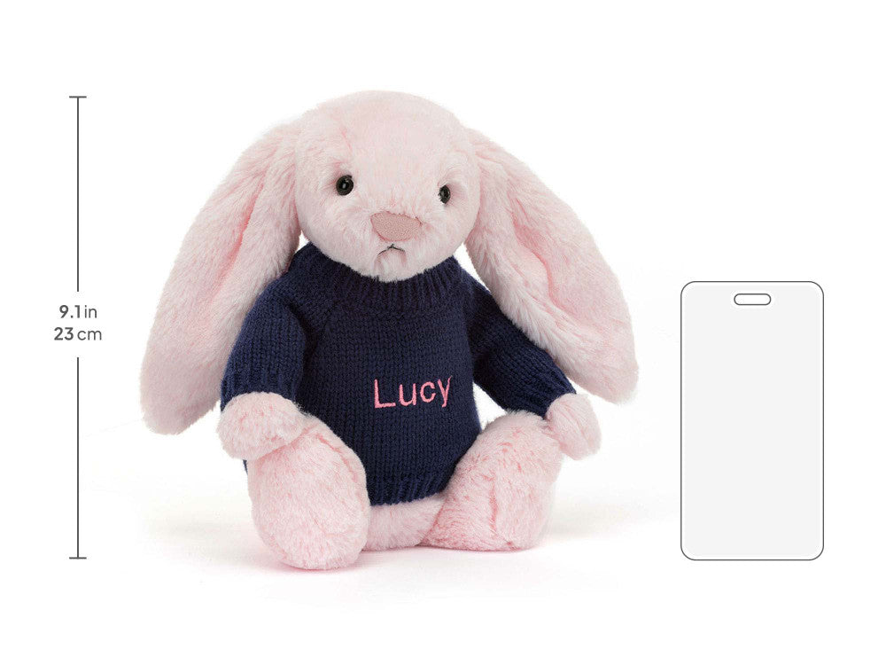 Bashful Pink Bunny with Personalised Navy Jumper