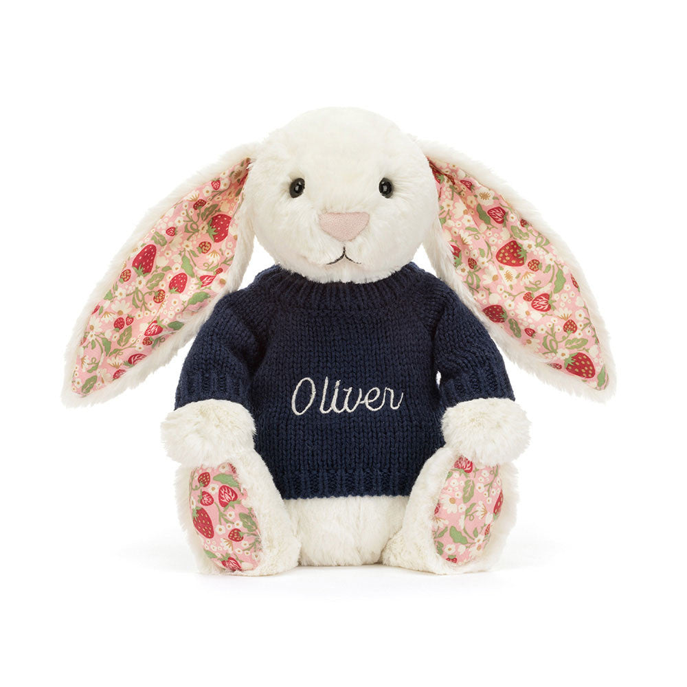 Blossom Cream Bunny 'Berry' with Personalised Navy Jumper