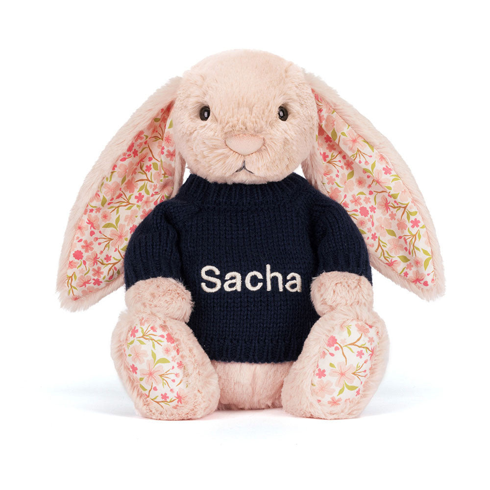 Blossom Blush Bunny 'Cherry' with Personalised Navy Jumper