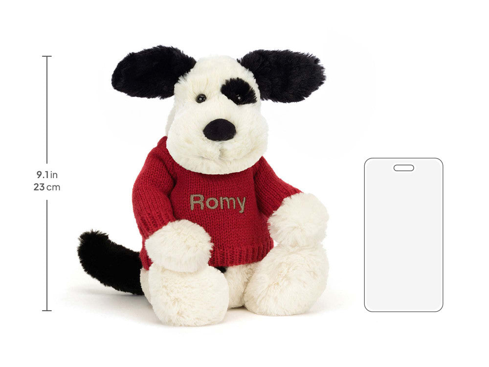 Bashful Black & Cream Puppy with Personalised Red Jumper