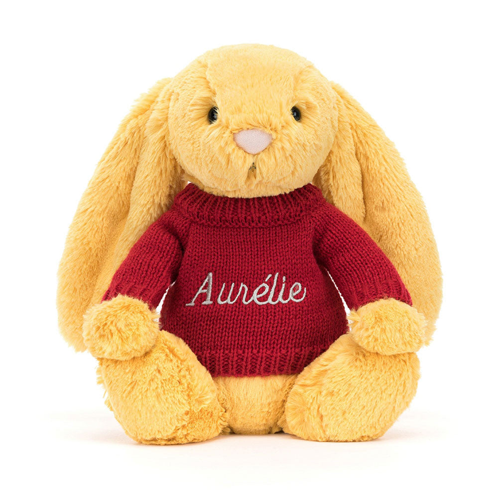 Bashful Sunshine Bunny with Personalised Red Jumper