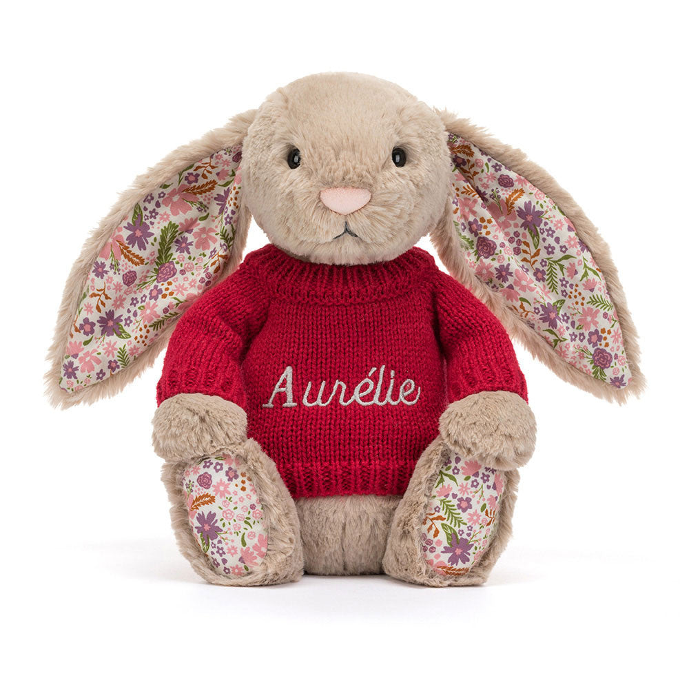 Blossom Beige Bunny 'Petal' with Personalised Red Jumper