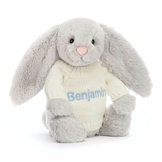 Bashful Silver Bunny with Personalised Cream Jumper