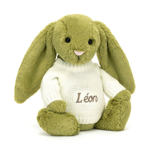 Bashful Moss Bunny with Personalised Cream Jumper