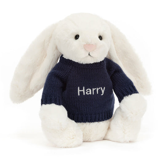 Bashful Cream Bunny with Personalised Navy Jumper