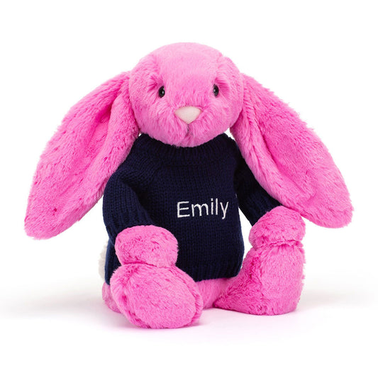 Bashful Hot Pink Bunny with Personalised Navy Jumper
