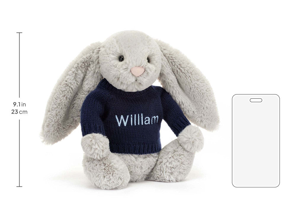 Bashful Silver Bunny with Personalised Navy Jumper
