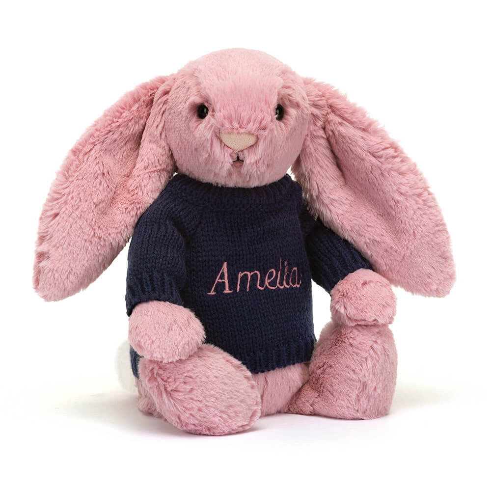 Bashful Tulip Pink Bunny with Personalised Navy Jumper