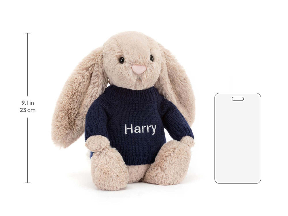 Bashful Beige Bunny with Personalised Navy Jumper