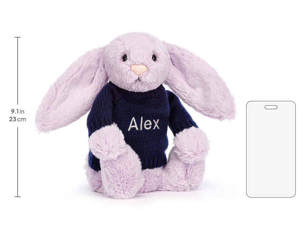 Bashful Lilac Bunny with Personalised Navy Jumper