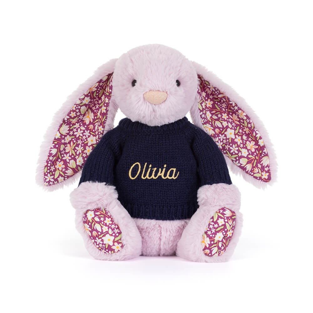 Thistlepop Blossom Luxe Bunny with Personalised Navy Jumper
