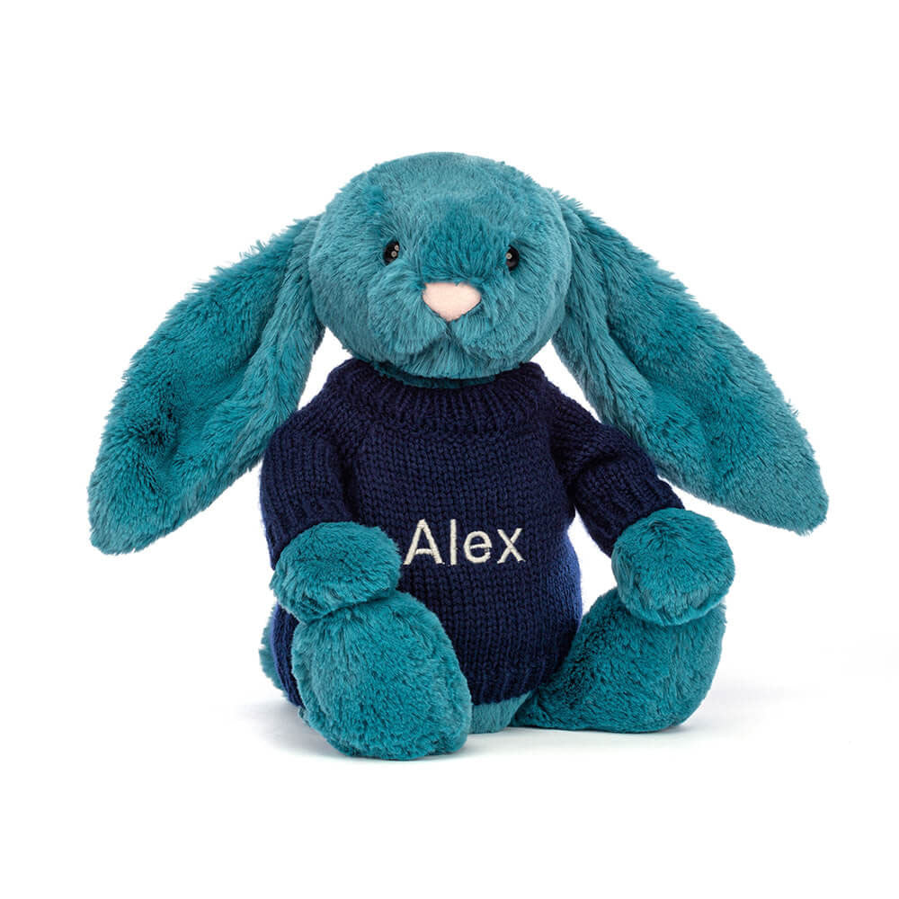 Bashful Mineral Blue Bunny with Personalised Navy Jumper