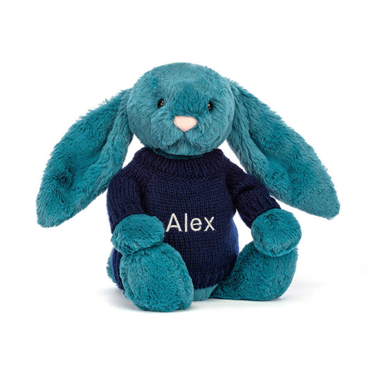 Bashful Mineral Blue Bunny with Personalised Navy Jumper