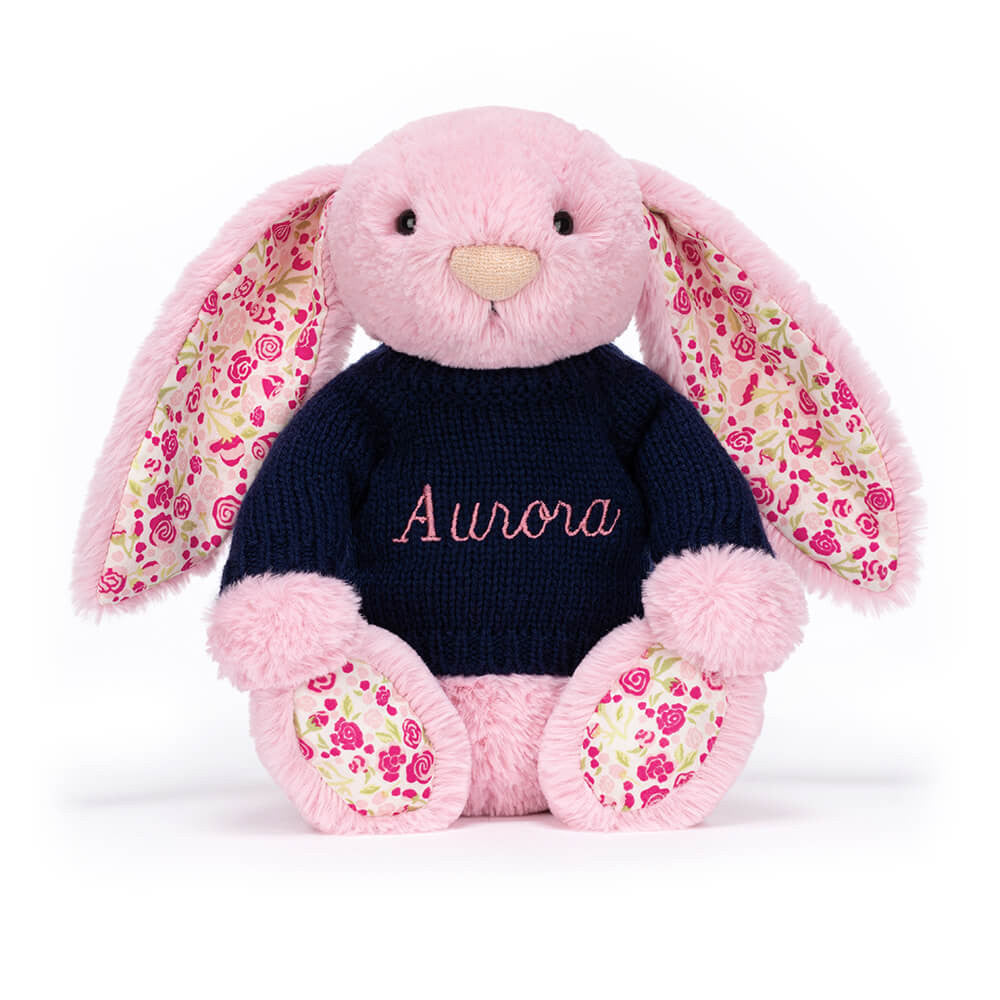 Blushkin Blossom Luxe Bunny with Personalised Navy Jumper