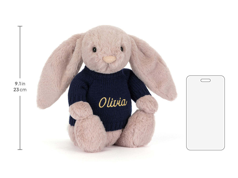 Bashful Luxe Bunny Rosa with Personalised Navy Jumper