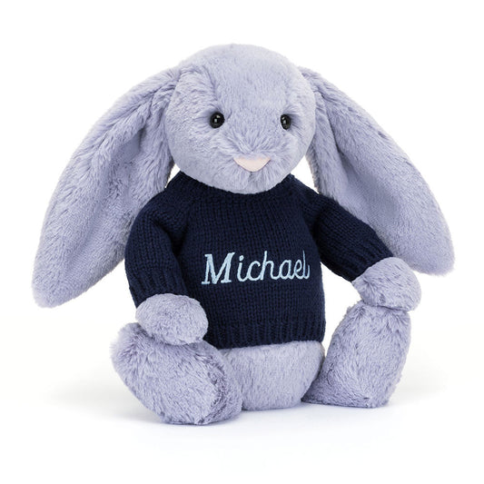 Bashful Viola Bunny with Personalised Navy Jumper