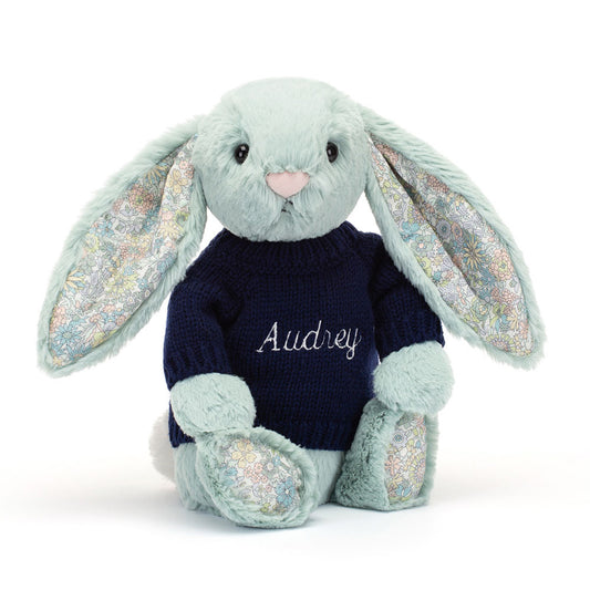 Blossom Sage Bunny with Personalised Navy Jumper