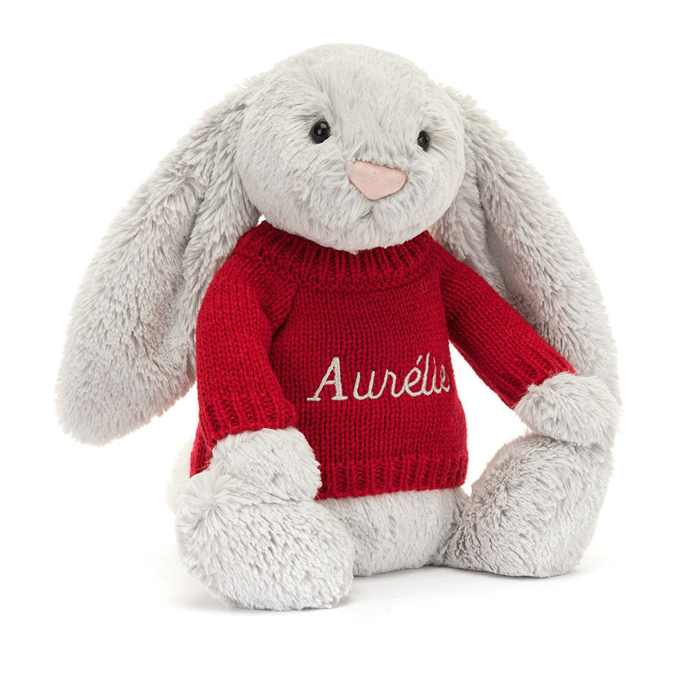 Bashful Silver Bunny with Personalised Red Jumper