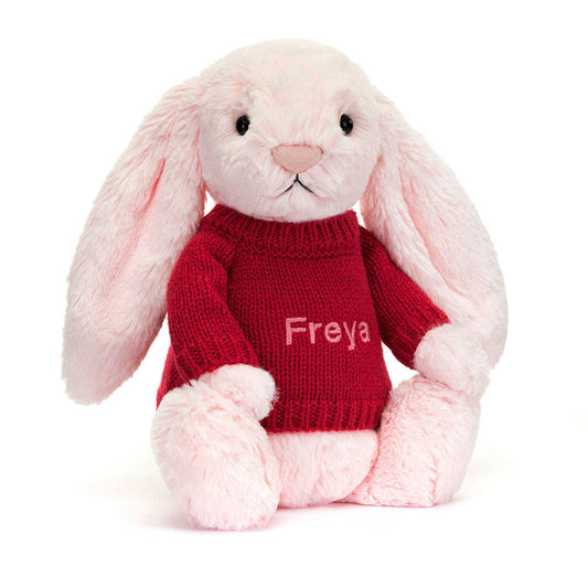 Bashful Pink Bunny with Personalised Red Jumper