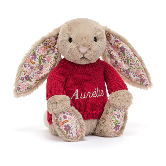 Blossom Beige Bunny 'Petal' with Personalised Red Jumper